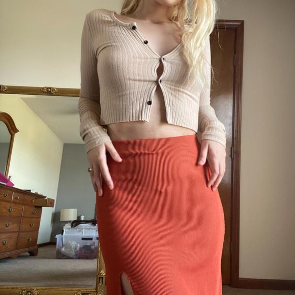 Orange Midi Skirt with Side Slit - Picture 4 of 8